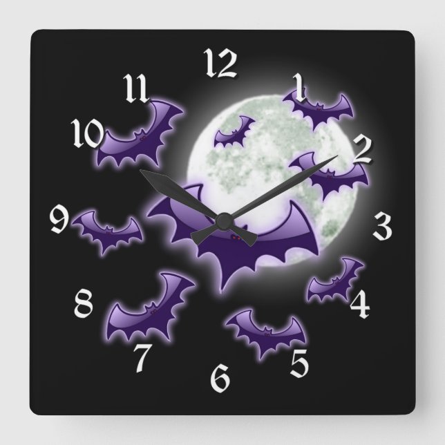 Horloge Carrée Bats à Pleine lune noire et violette (Recto)