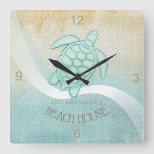 Horloge Carrée Beach House Tortue nautique Aqua Blue ID623