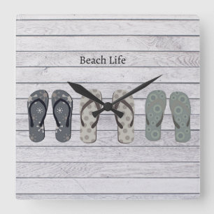 Horloge Carrée Beach Life, tongs sur la promenade