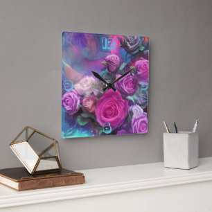 Horloge Carrée Beau bouquet de l'horloge murale rose