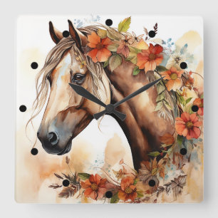 Horloge Carrée Beau Cheval aux jolies fleurs Aquarelle