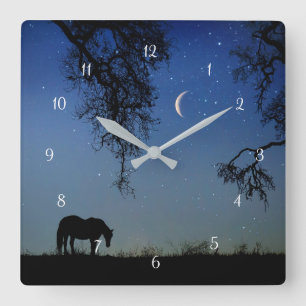 Horloge Carrée Beau cheval et lune