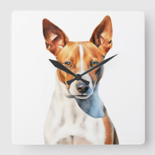 HORLOGE CARRÉE BEAU CHIEN BASENJI BROWN ET BLANC