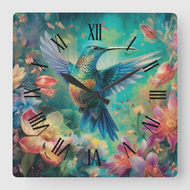 Horloge Carrée Beau colibri entouré de fleurs (Recto)