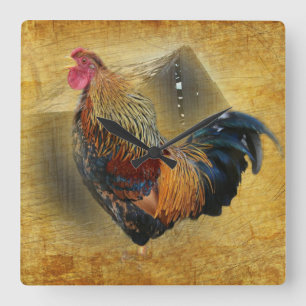 Horloge Carrée Beau coq et coop de poulet rustique