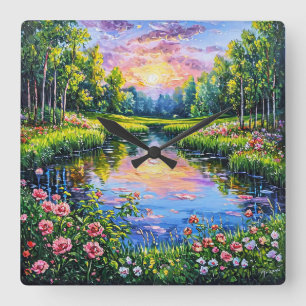Horloge Carrée Beau coucher de soleil sur une rivière