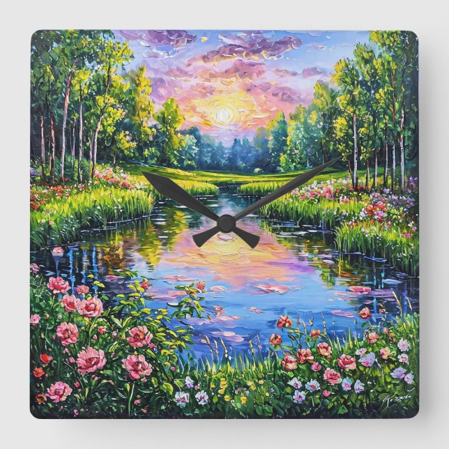 Horloge Carrée Beau coucher de soleil sur une rivière (Recto)