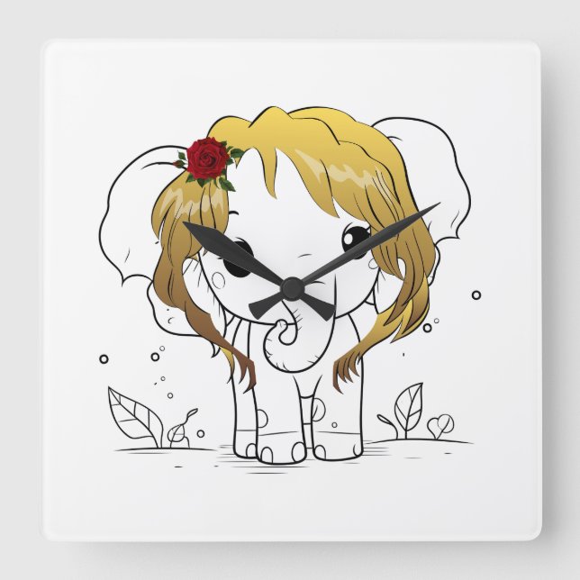 Horloge Carrée Beau éléphant femelle aux cheveux jaunes (Recto)