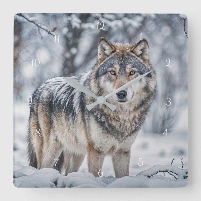 Horloge Carrée Beau Loup dans la Faune de la Neige (Recto)