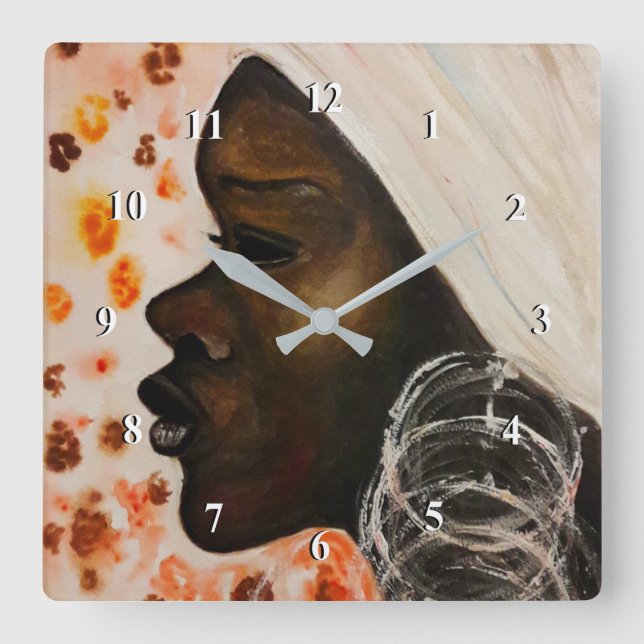 Horloge Carrée Beauté africaine - Peinture aquarelle (Recto)