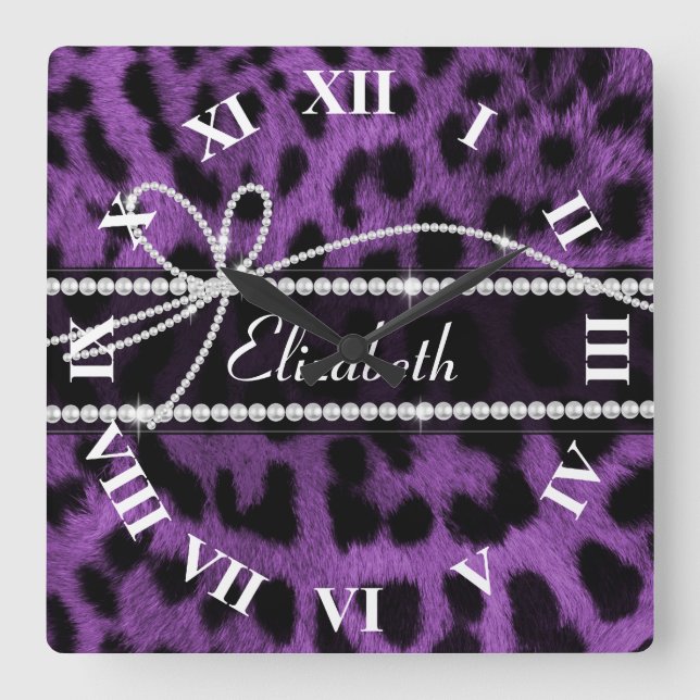 Horloge Carrée Beautiful trendy faux purple leopard animal print (Recto)