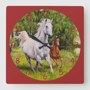 Horloge Carrée Beaux Chevaux au Galop Art Fine