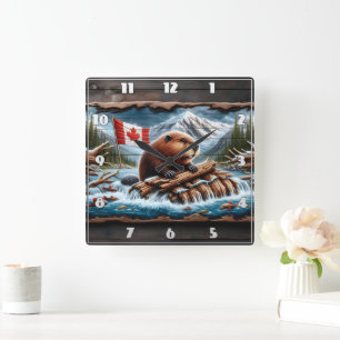 Horloge Carrée Beaver Builds Lodge by Mountain Stream