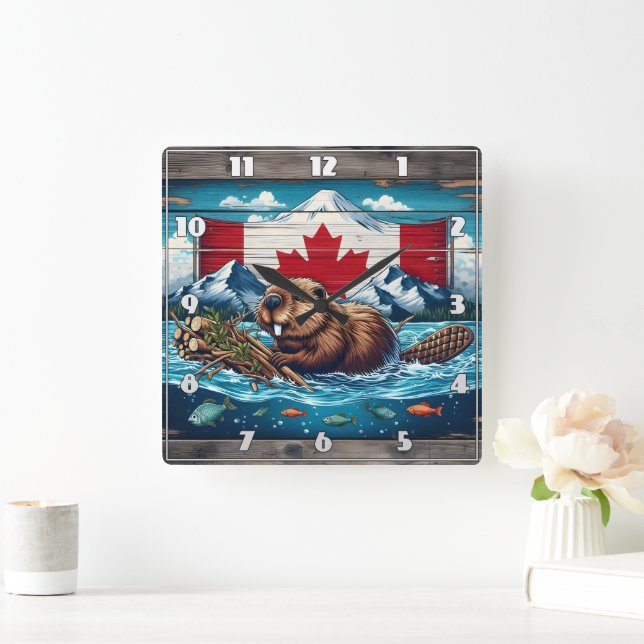 Horloge Carrée Beaver Builds Lodge, Drapeau derrière (Maison)