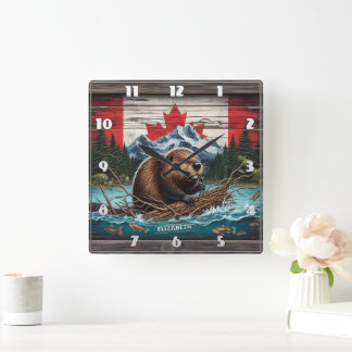 Horloge Carrée Beaver by Mountain, drapeau canadien