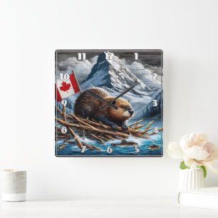 Horloge Carrée Beaver Lodge by Snowy Mountains
