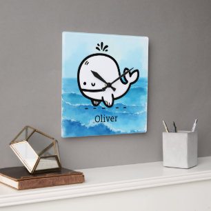 Horloge Carrée Bébé Baleine Adorable - Dessin au Trait de Créatur