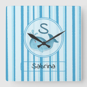 Horloge Carrée Bébé baleine mignonne rayures bleues