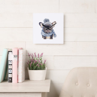 Horloge Carrée Bébé Bulldog Hivernal en Casquette et Écharpe Bleu