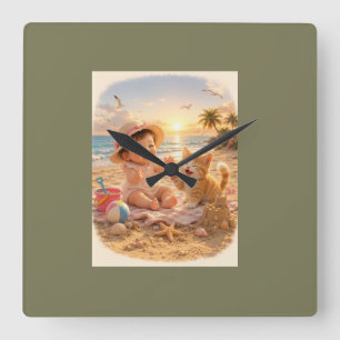 Horloge Carrée Bébé de la plage et joie du château de sable du ch