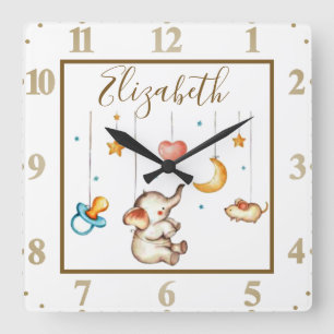 Horloge Carrée Bébé Eléphant mignon personnalisé