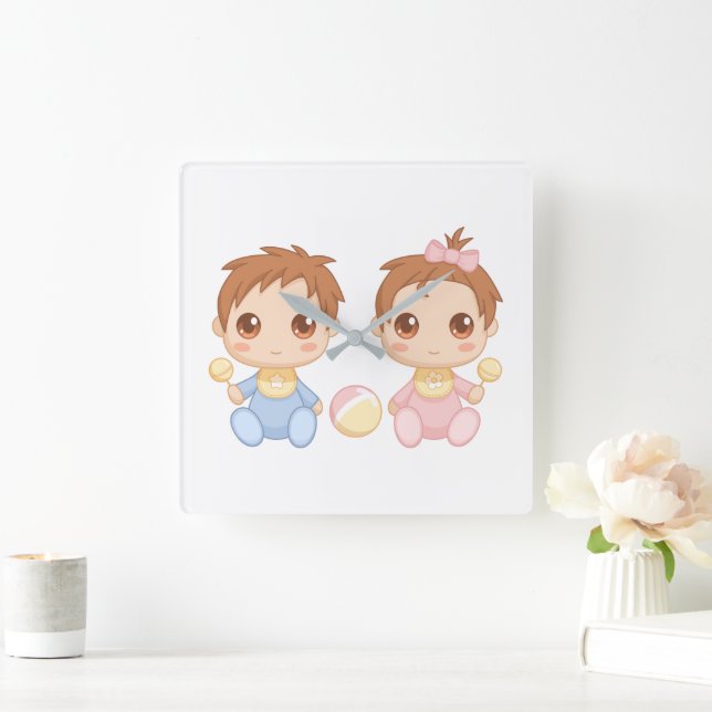 Horloge Carrée Bébé jumeaux garçon et fille (Maison)