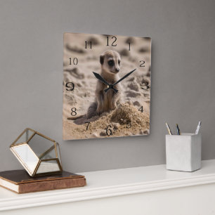Horloge Carrée Bébé Meerkat Jouant Dans Le Sable,