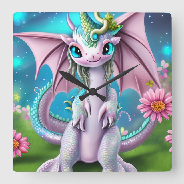 Horloge Carrée Bébé mignon et souriant Dragon aux fleurs (Recto)