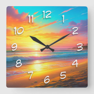 Horloge Carrée Bel coucher de soleil sur l'Ocean Sandy Beach