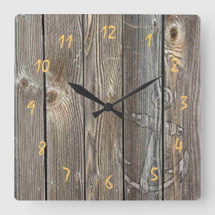Horloge Carrée Belle ancre rustique sur bois d'aspect authentique