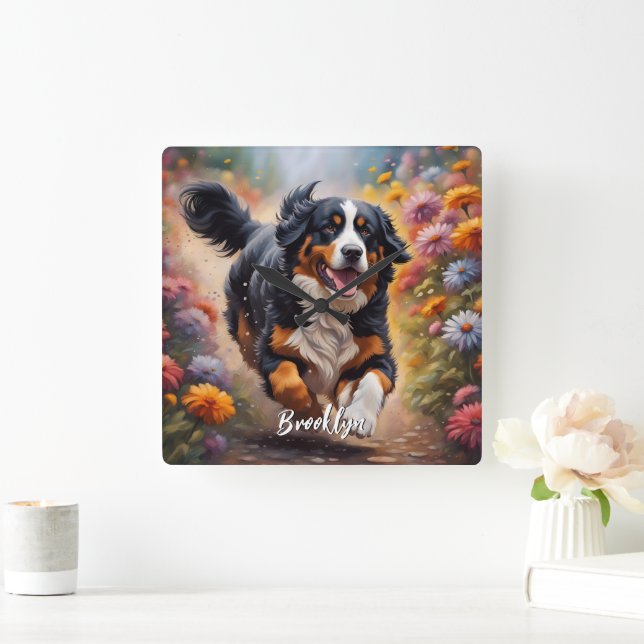 Horloge Carrée Belle Bernese Mountain Dog & Flowers (Maison)