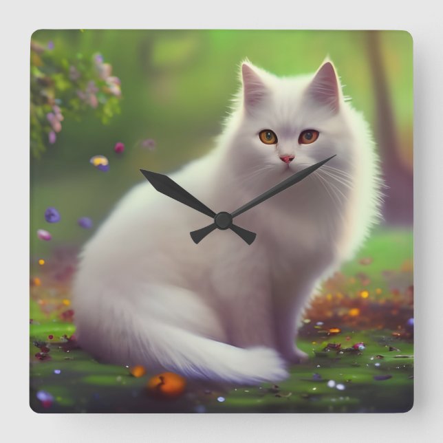 Horloge Carrée Belle Chat Blanc Fluffy (Recto)