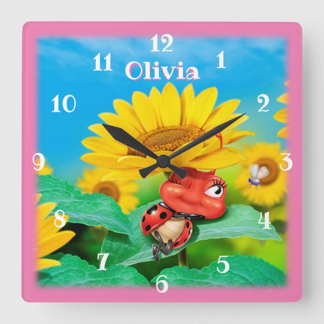 Horloge Carrée Belle coccinelle somnolant sur des tournesols. (Recto)