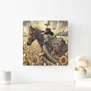 Horloge Carrée Belle cow-girl et cheval Sunlit Campagne