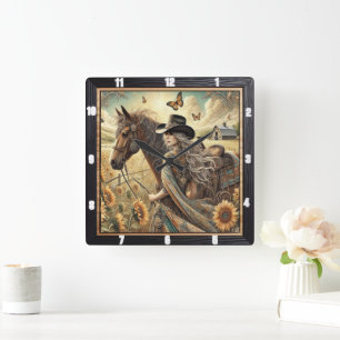 Horloge Carrée Belle cow-girl et cheval Sunlit Campagne