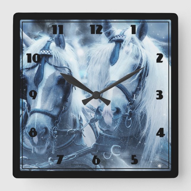 Horloge Carrée Belle équipe de chevaux Photo d'hiver (Recto)