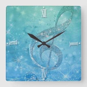 Horloge Carrée Belle étincelle brillante effet bleu treble clef