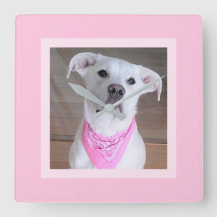 Horloge Carrée Belle Feminine mignonne Chien blanc en Écharpe ros