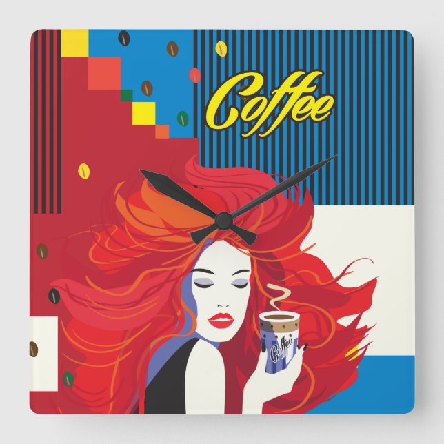 Horloge Carrée "Belle Femme de mode avec Café Cup" Pop Art (Recto)