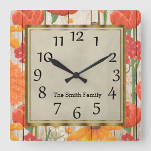 Horloge Carrée Belle fleur orange rouge jaune en bois