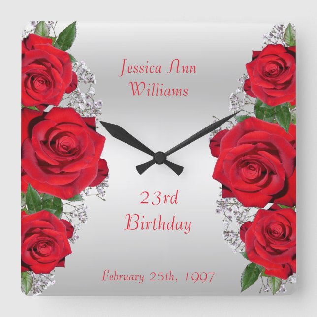 Horloge Carrée Belle Romantique Roses Rouges Anniversaire (Recto)
