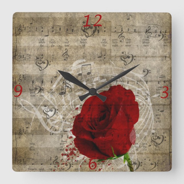 Horloge Carrée Belle rose rouge notes piano tourbillonné (Recto)