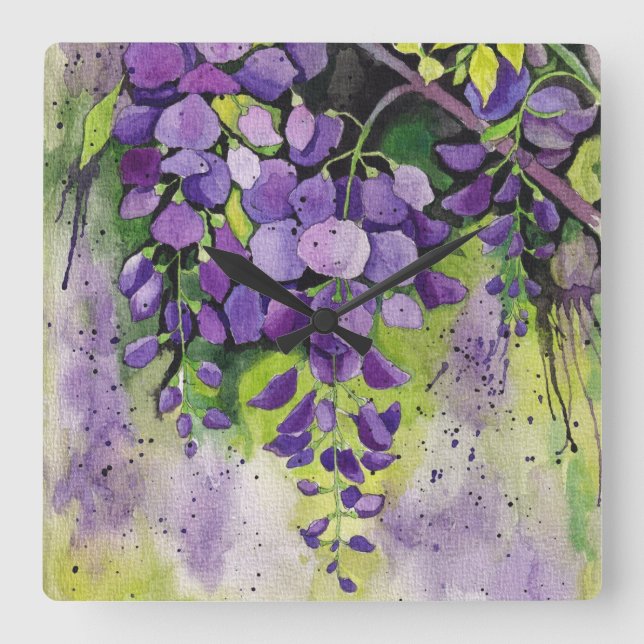 Horloge Carrée Belles Fleurs De Wisteria En Aquarelle (Recto)