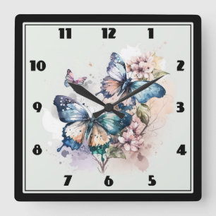 Horloge Carrée Belles papillons et fleurs