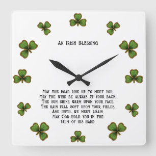Horloge Carrée Bénédiction irlandaise et trèfles noir et vert