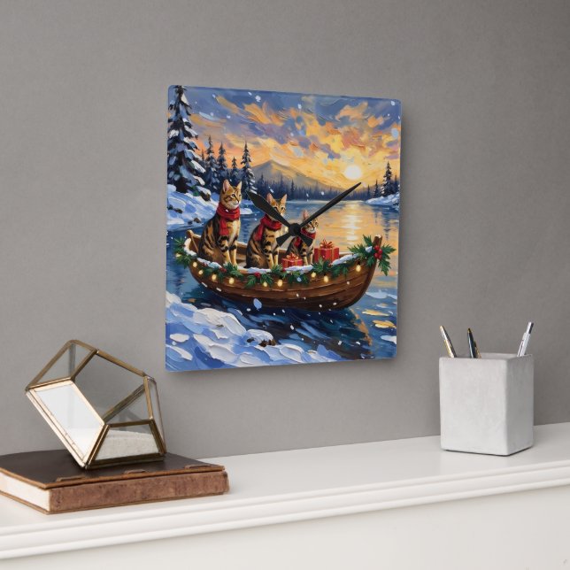 Horloge Carrée Bengal Cat Christmas Boat Holiday (Bureau)