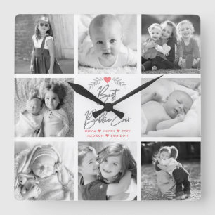 Horloge Carrée Best Bubbie Ever Modern Script 8 Photo Collage