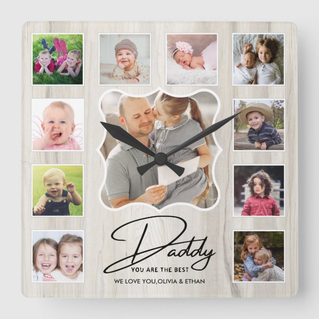 Horloge Carrée Best Daddy Ever 11 Photo Collage Rustic Wood (Recto)