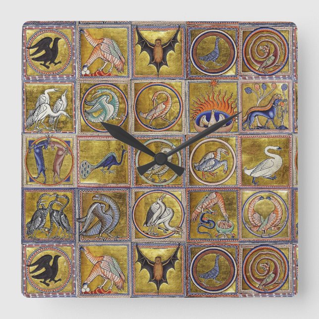 HORLOGE CARRÉE BESTIAIRE MÉDIÉVAL, ANIMAUX FANTASTIQUES, ROUGE D' (Recto)