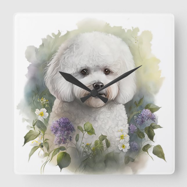 HORLOGE CARRÉE BICHON BLANC ADORABLE CHIEN FRISE AVEC FLEURS (Recto)